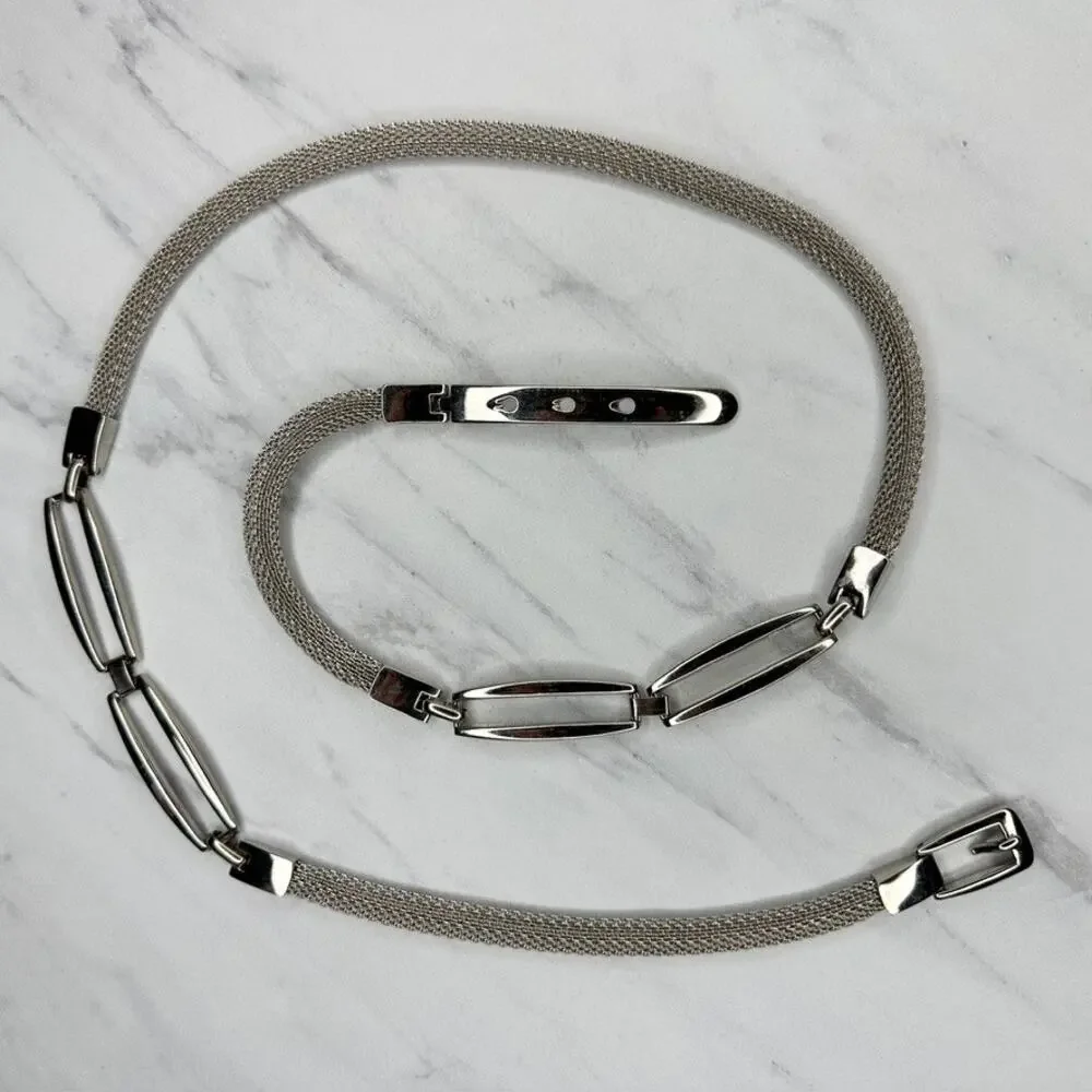 Silver Tone Metal Mesh Chain Belt Oval Bar Stations Buckle Large (L) ✨